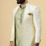 Alluring Cream Geometrical Thread Embroidered Open Sherwani with Lime Green Kurta-Pajama Set | Father Son Combo | Jaipurio Collection